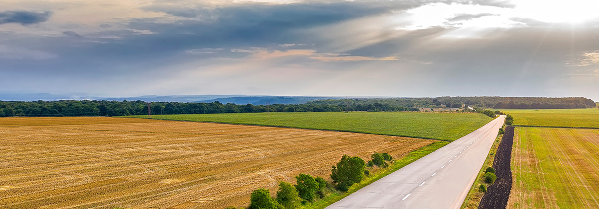 headerbild åker, väg och himmel